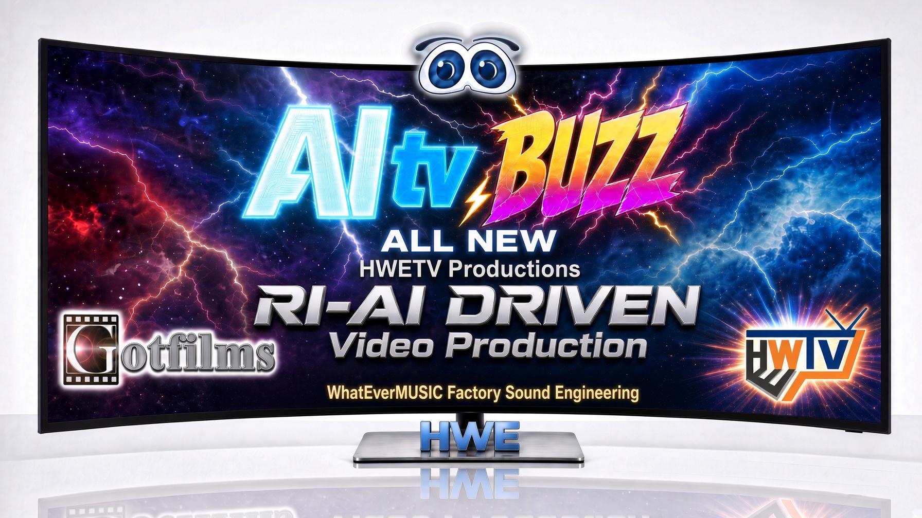 Curved screen reading AItv BUZZ, all new HWETV Productions, RI-AI driven video production