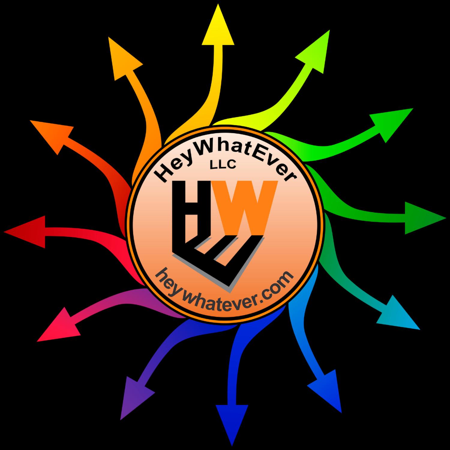HeyWhatEver LLC mark with arrows radiating in a full spectrum