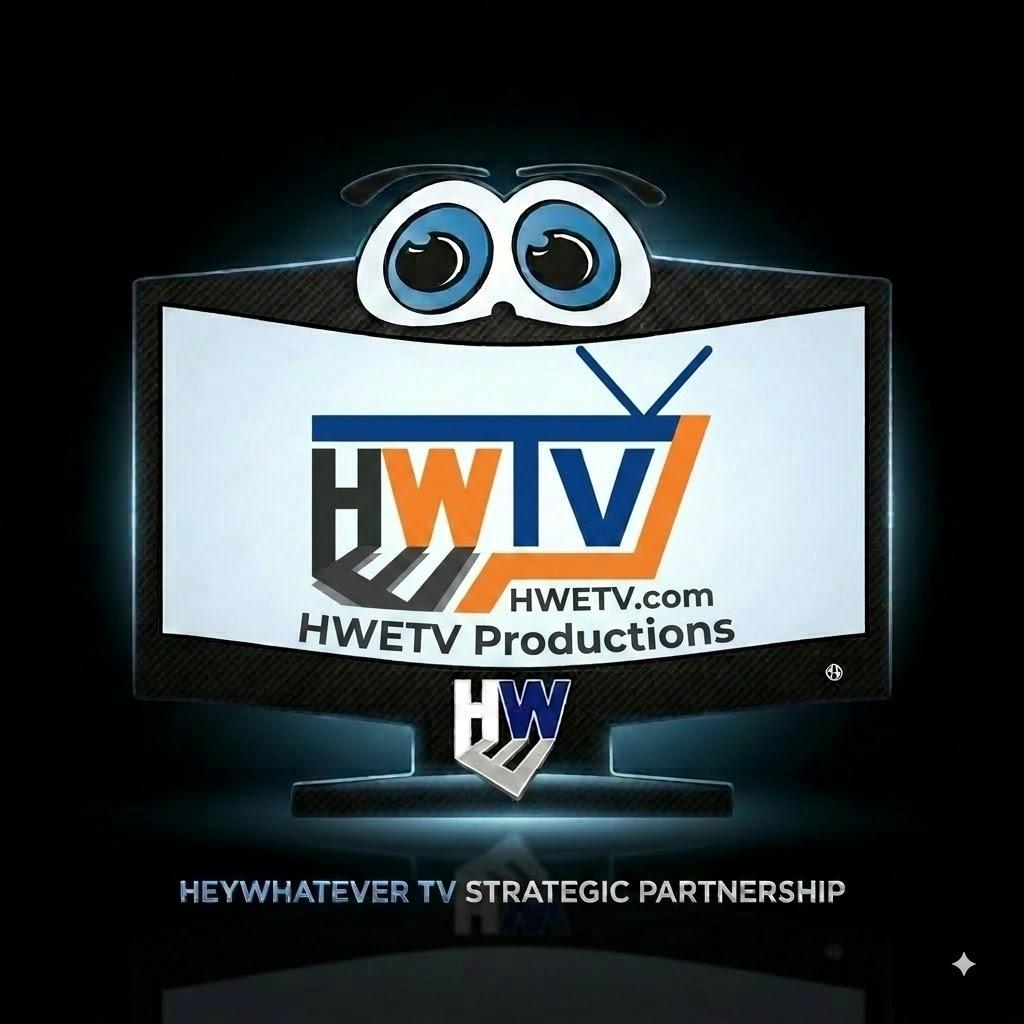 HWTV set with cartoon eyes, the HWTV mark, and HWETV.com
