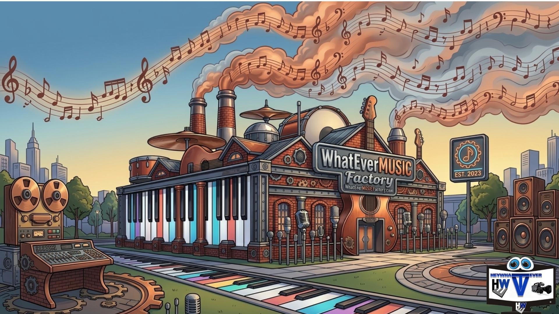 Illustrated WhatEverMUSIC Factory building with instruments, speakers, and a keyboard road