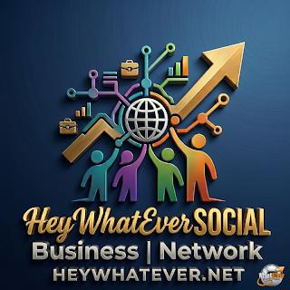 HeyWhatEver SOCIAL mark: figures around a globe and the line Business Network