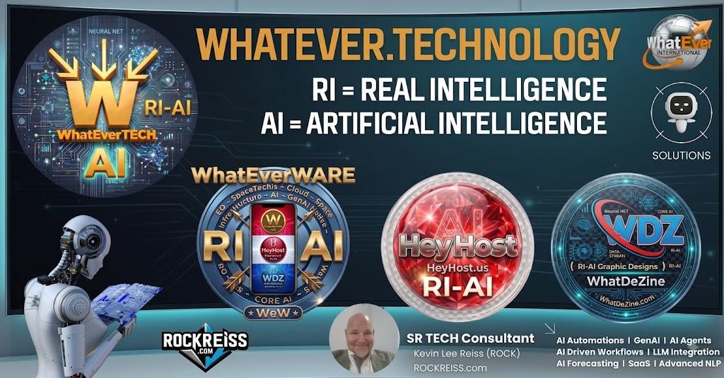 WhatEver.Technology board defining RI as real intelligence and AI as artificial intelligence, with HeyHost, WhatDeZine, and ROCK REISS