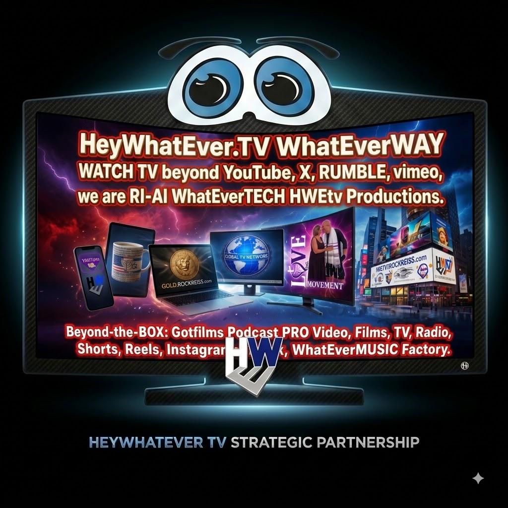 Television set reading HeyWhatEver.TV WhatEverWAY, with phones, a laptop, and city billboards