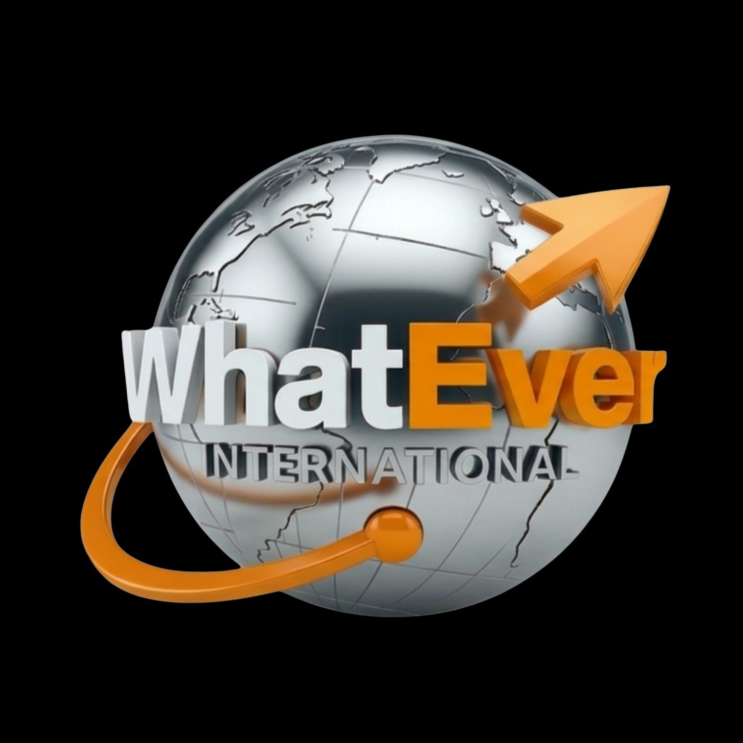 Chrome globe with WhatEver International in white and orange, and an arrow circling the sphere