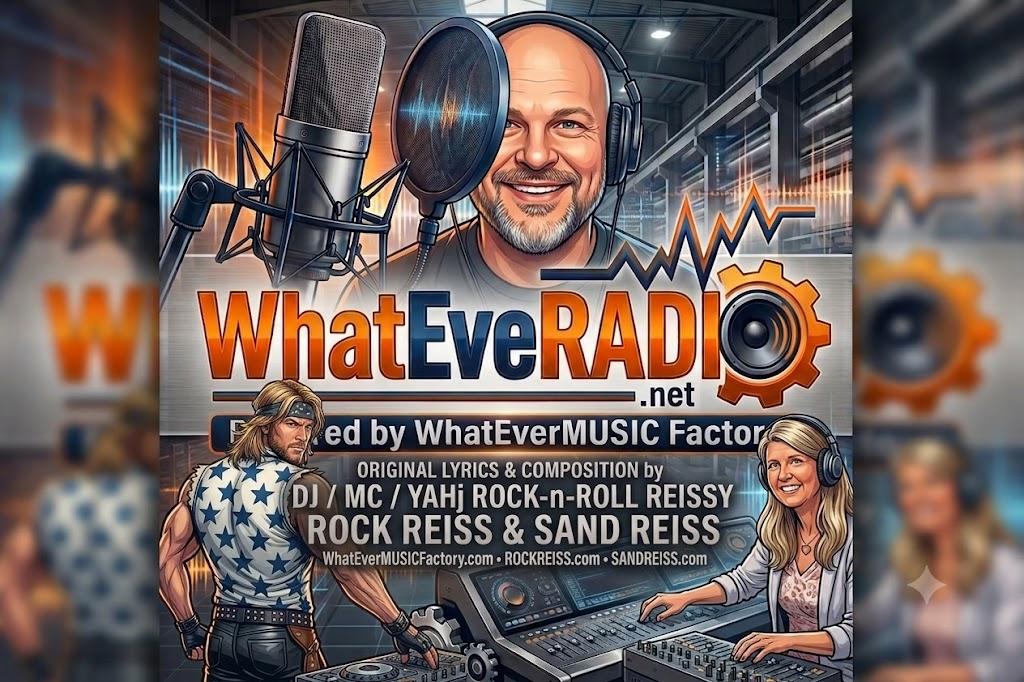 WhatEveRADIO poster with a studio portrait, a mixer, and the music factory credit