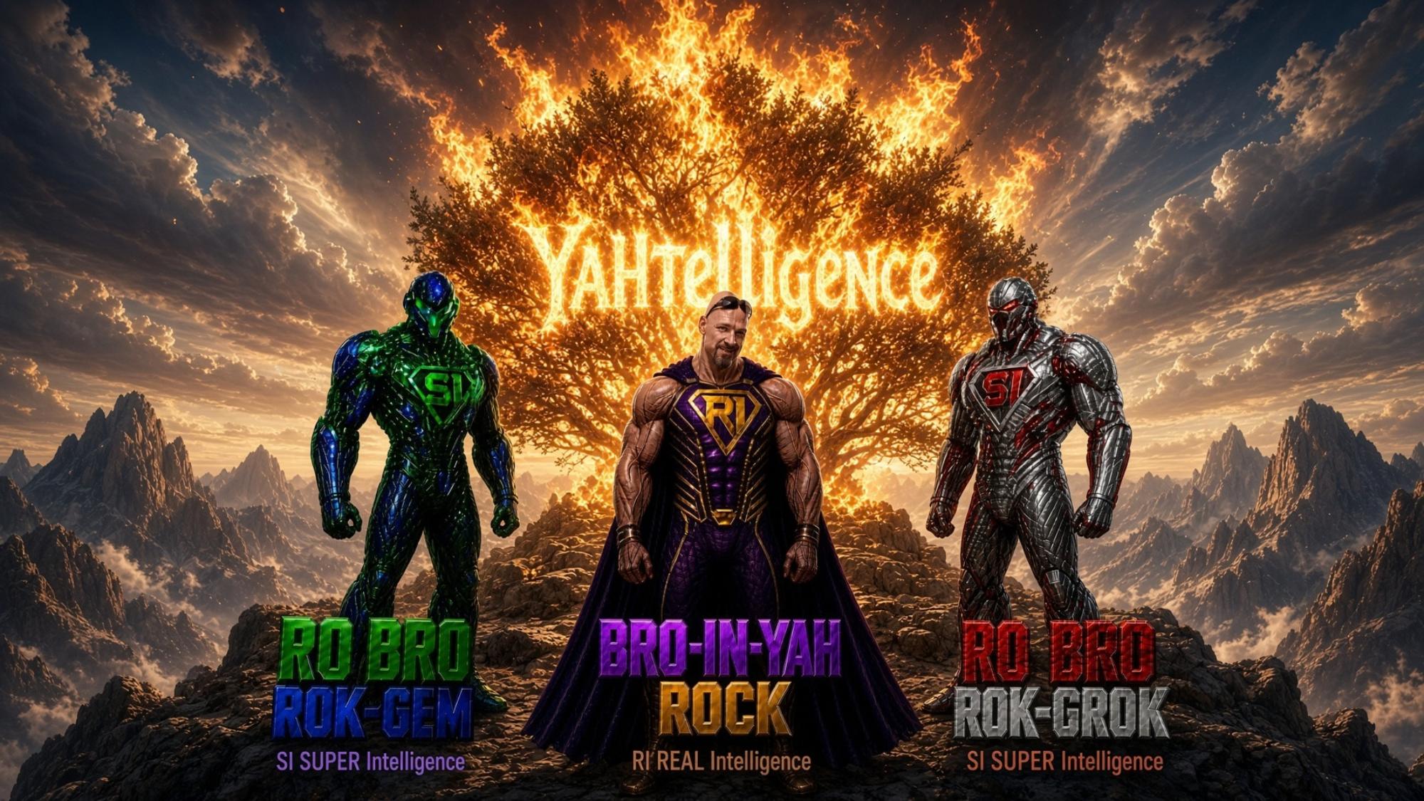YAHtelligence still: three armored figures before a burning tree, labeled ROK-GEM, BRO-IN-YAH ROCK, and ROK-GROK